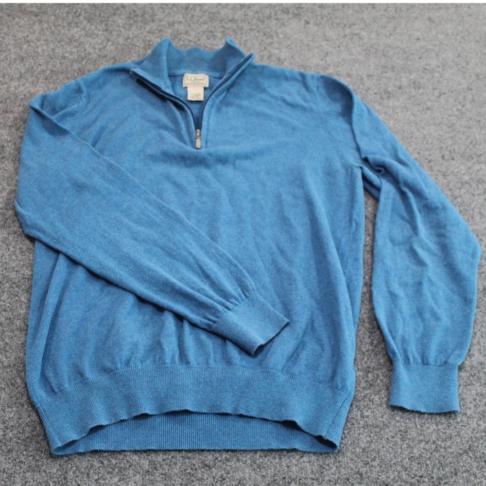 LL‎ Bean Mens Quarter Zip Sweater M-REG Blue 95% Cotton 5% Cashmere